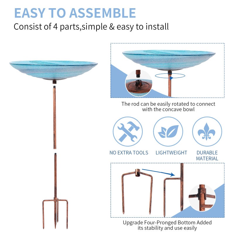 VCUTEKA Outdoor BirdBath Glass Bird Bath Garden Bird Feeder with Metal Stake - Image 5
